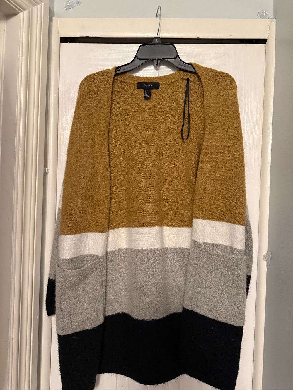 Forever 21 Mustard, White, Gray & Black Stripe Open-Front Cardigan